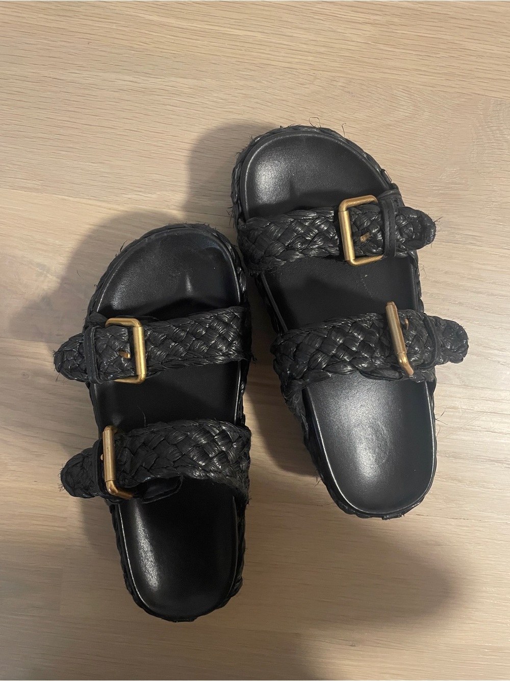 Ash Black Braided Leather Double-Buckle Slide Sandals with Gold Buckles
